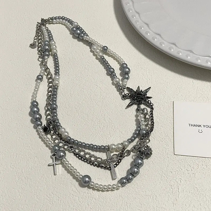 Cross star-shaped pearl multi-layered necklace nowadaysfashion