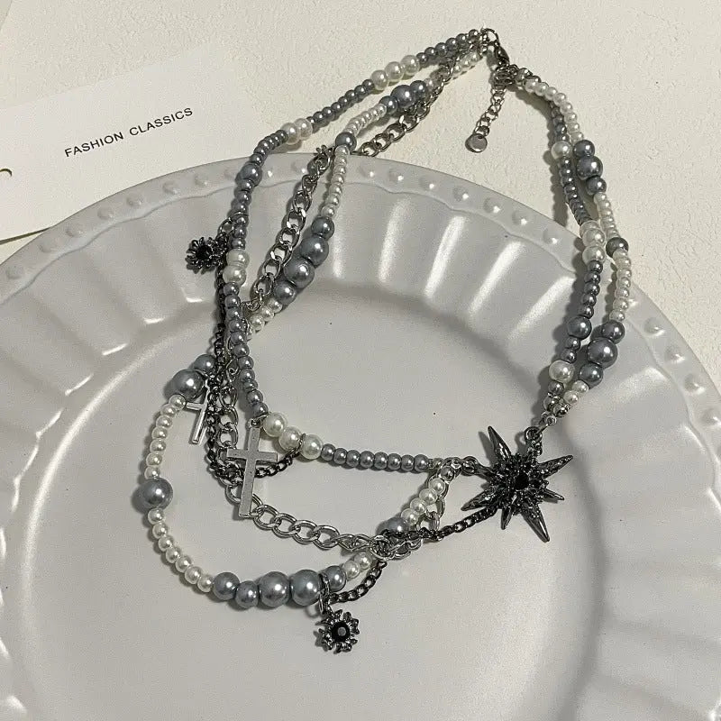 Cross star-shaped pearl multi-layered necklace - Blade & Thread