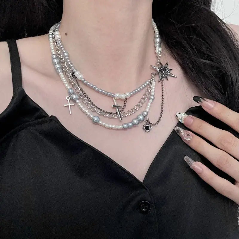 Cross star-shaped pearl multi-layered necklace nowadaysfashion