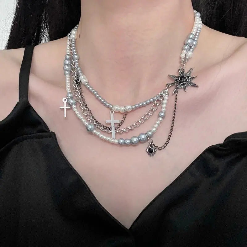 Cross star-shaped pearl multi-layered necklace - Blade & Thread