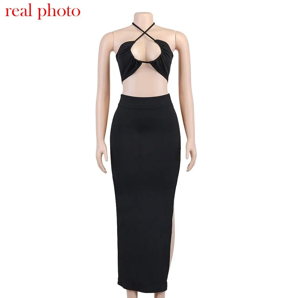 Cryptographic Bandage Cut Out Sexy Halter Neck Top and Skirts Set Gathered Elegant - Blade & Thread
