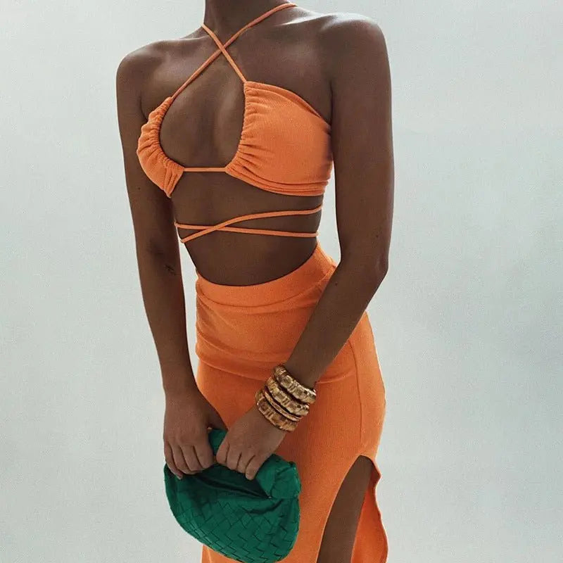 Cryptographic Bandage Cut Out Sexy Halter Neck Top and Skirts Set Gathered Elegant nowadaysfashion