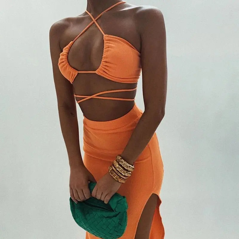 Cryptographic Bandage Cut Out Sexy Halter Neck Top and Skirts Set Gathered Elegant - Blade & Thread