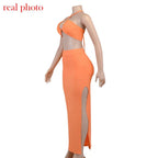 Cryptographic Bandage Cut Out Sexy Halter Neck Top and Skirts Set Gathered Elegant nowadaysfashion