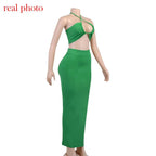 Cryptographic Bandage Cut Out Sexy Halter Neck Top and Skirts Set Gathered Elegant nowadaysfashion