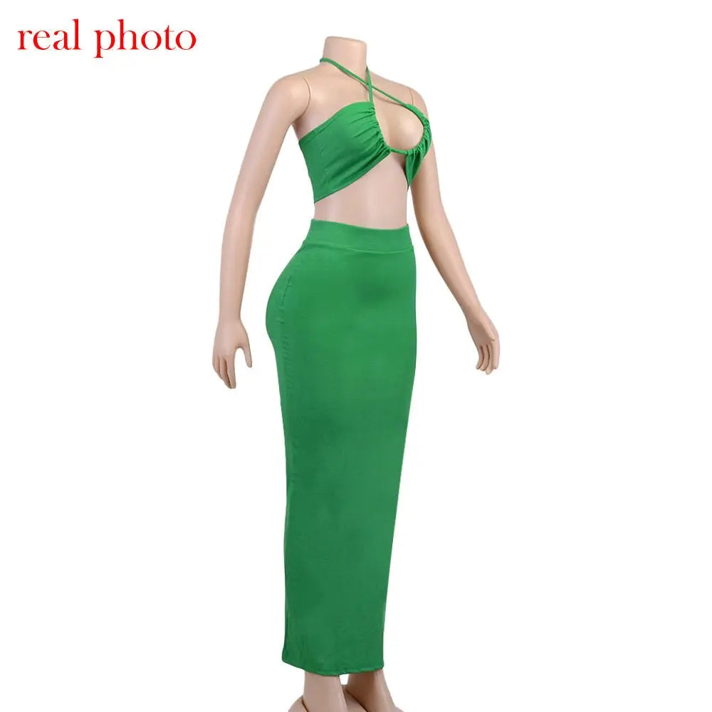 Cryptographic Bandage Cut Out Sexy Halter Neck Top and Skirts Set Gathered Elegant nowadaysfashion