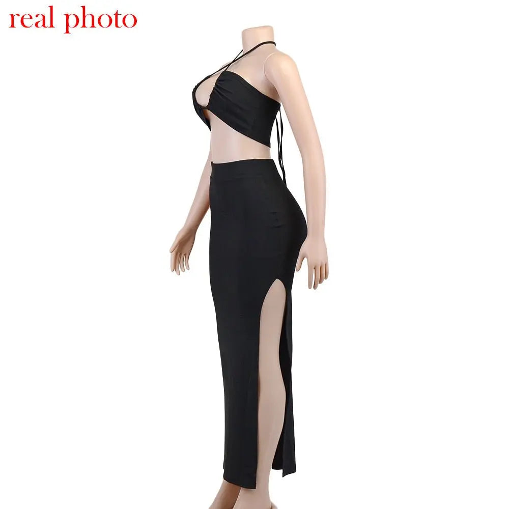 Cryptographic Bandage Cut Out Sexy Halter Neck Top and Skirts Set Gathered Elegant nowadaysfashion