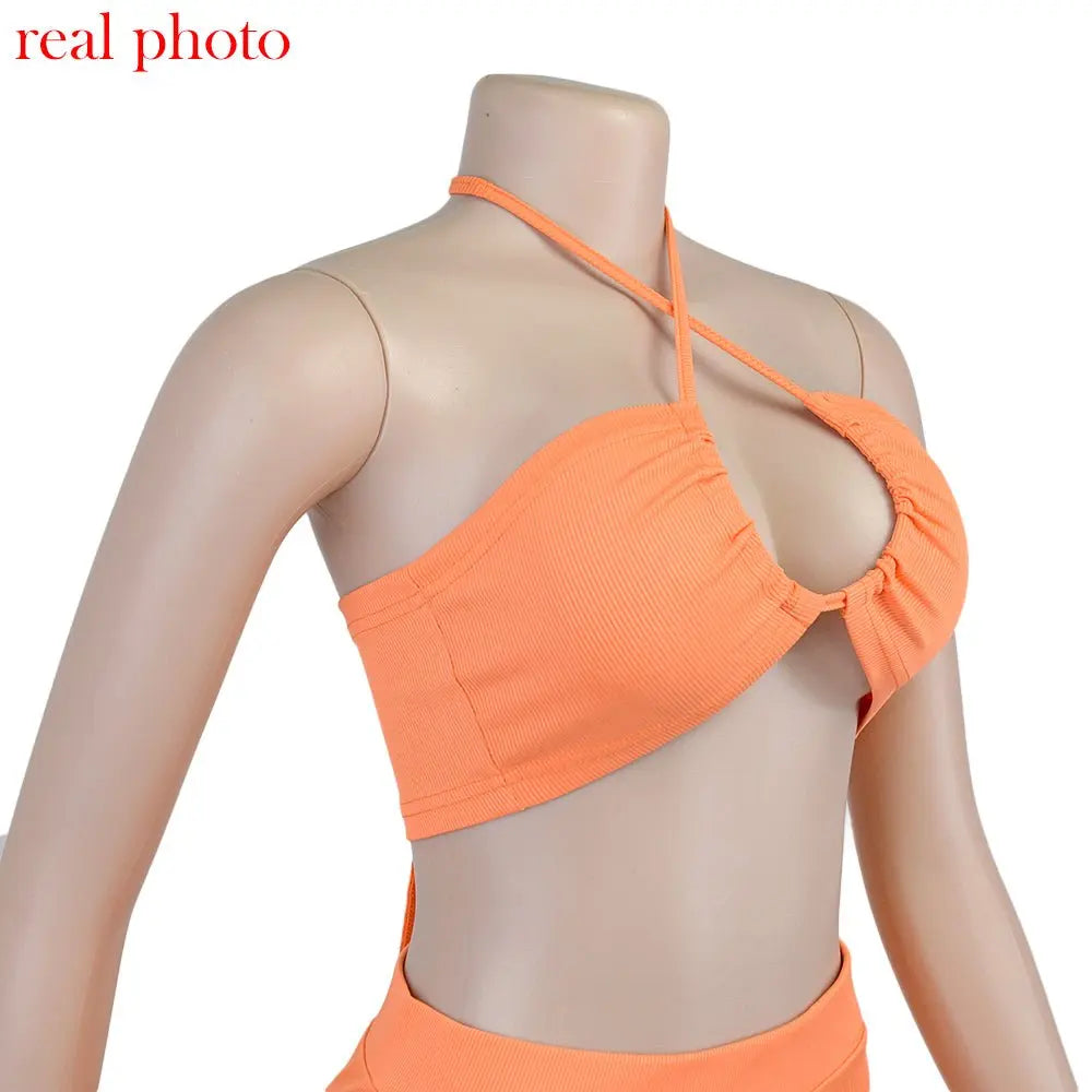 Cryptographic Bandage Cut Out Sexy Halter Neck Top and Skirts Set Gathered Elegant - Blade & Thread