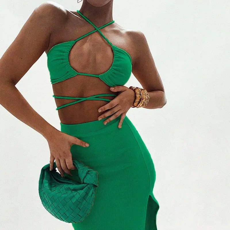 Cryptographic Bandage Cut Out Sexy Halter Neck Top and Skirts Set Gathered Elegant - Blade & Thread