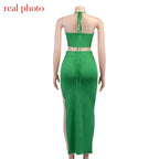 Cryptographic Bandage Cut Out Sexy Halter Neck Top and Skirts Set Gathered Elegant nowadaysfashion