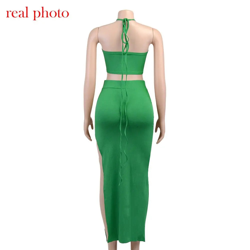 Cryptographic Bandage Cut Out Sexy Halter Neck Top and Skirts Set Gathered Elegant nowadaysfashion