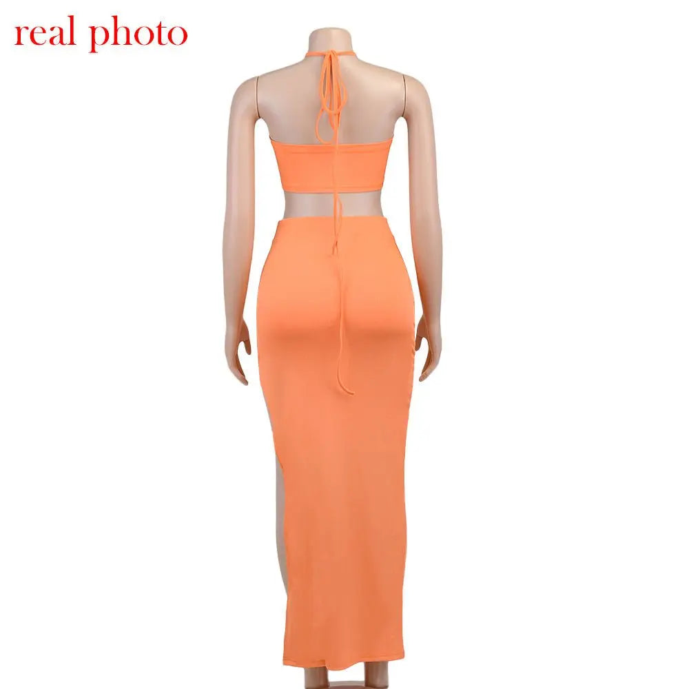 Cryptographic Bandage Cut Out Sexy Halter Neck Top and Skirts Set Gathered Elegant - Blade & Thread