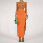 Cryptographic Bandage Cut Out Sexy Halter Neck Top and Skirts Set Gathered Elegant nowadaysfashion