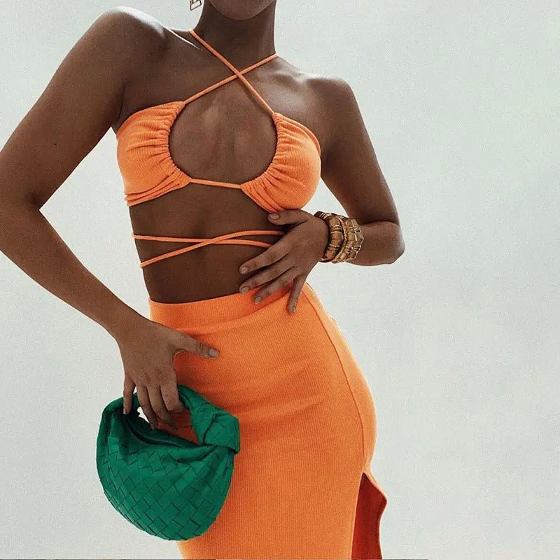 Cryptographic Bandage Cut Out Sexy Halter Neck Top and Skirts Set Gathered Elegant nowadaysfashion