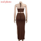 Cryptographic Bandage Cut Out Sexy Halter Neck Top and Skirts Set Gathered Elegant nowadaysfashion