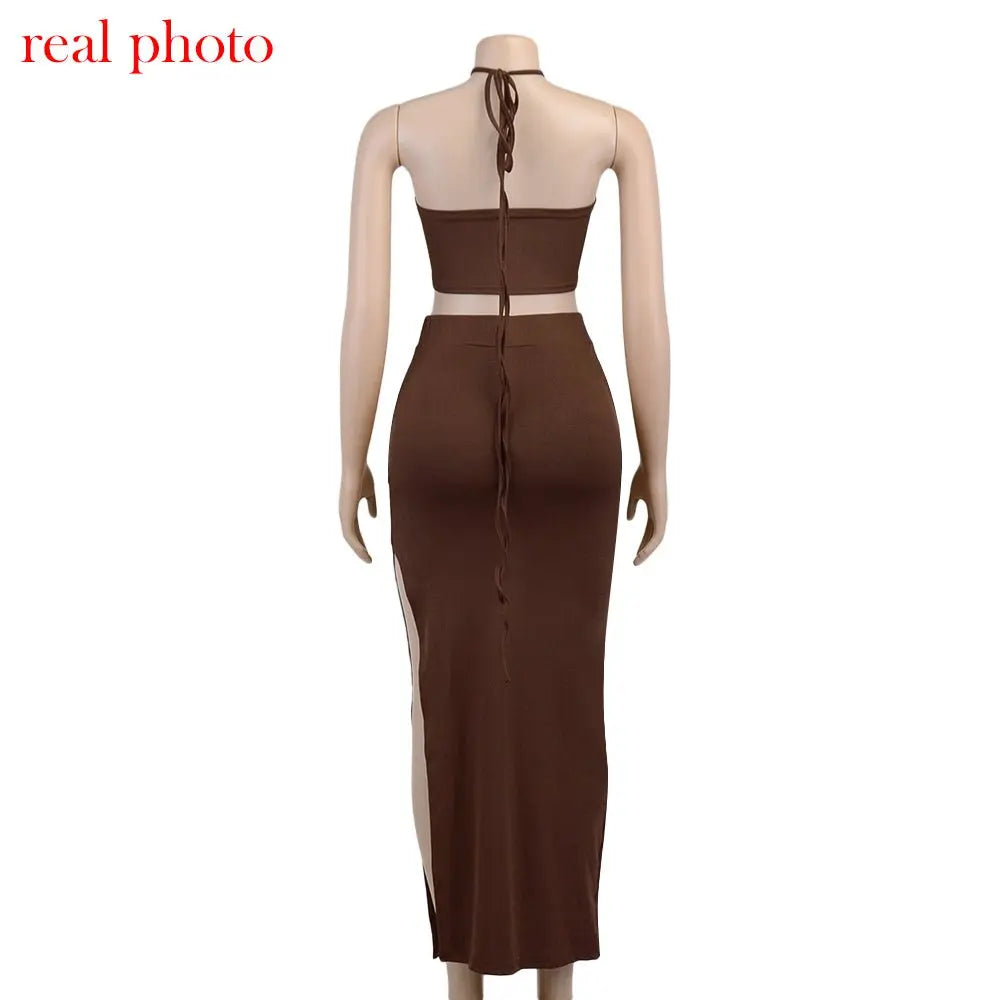 Cryptographic Bandage Cut Out Sexy Halter Neck Top and Skirts Set Gathered Elegant - Blade & Thread