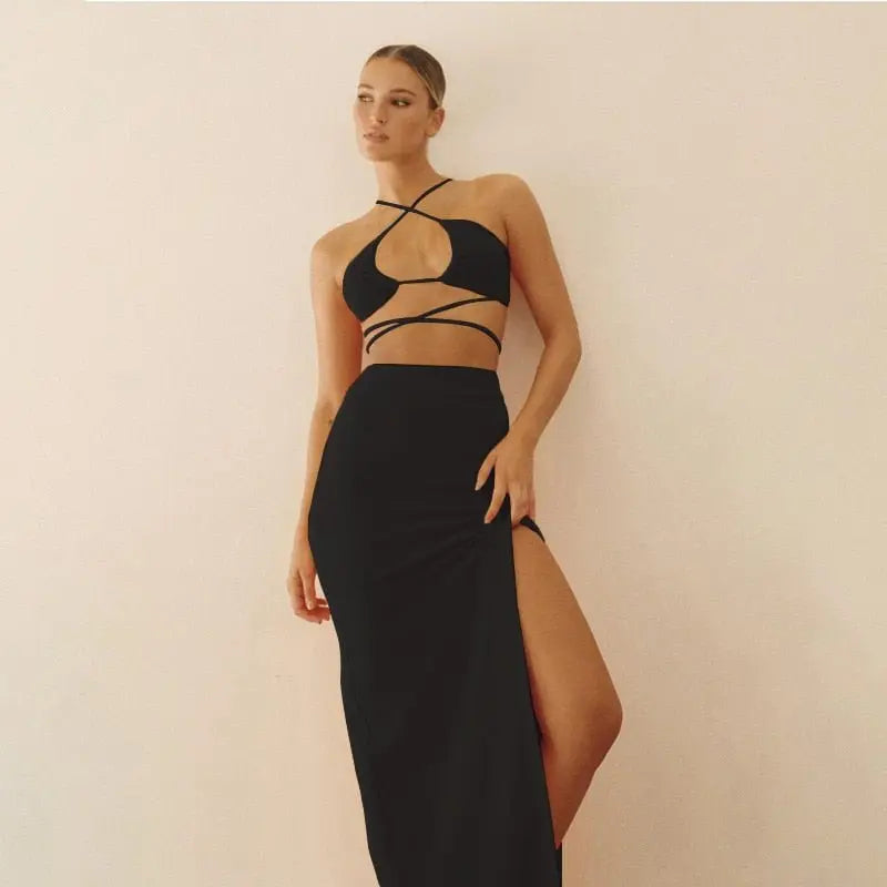 Cryptographic Bandage Cut Out Sexy Halter Neck Top and Skirts Set Gathered Elegant nowadaysfashion