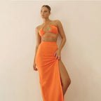 Cryptographic Bandage Cut Out Sexy Halter Neck Top and Skirts Set Gathered Elegant nowadaysfashion