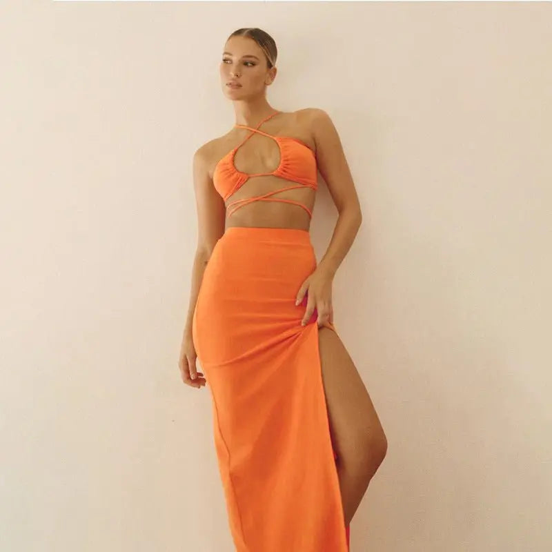 Cryptographic Bandage Cut Out Sexy Halter Neck Top and Skirts Set Gathered Elegant - Blade & Thread