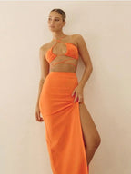 Cryptographic Bandage Cut Out Sexy Halter Neck Top and Skirts Set Gathered Elegant nowadaysfashion