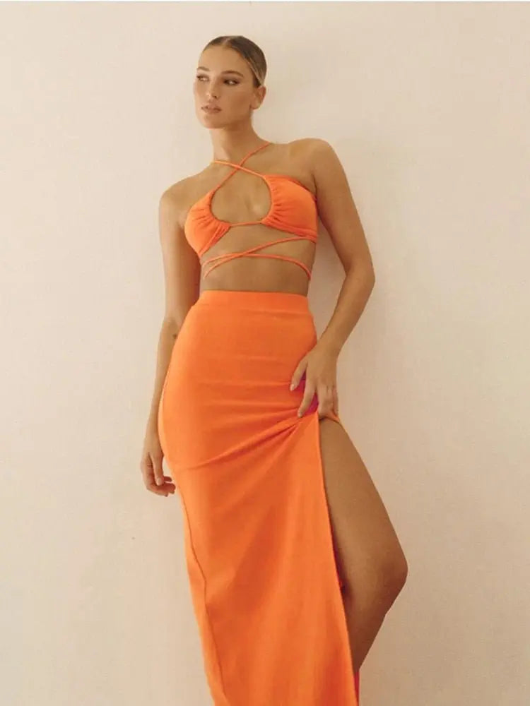 Cryptographic Bandage Cut Out Sexy Halter Neck Top and Skirts Set Gathered Elegant - Blade & Thread