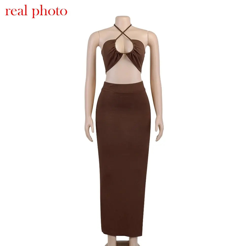 Cryptographic Bandage Cut Out Sexy Halter Neck Top and Skirts Set Gathered Elegant - Blade & Thread