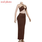 Cryptographic Bandage Cut Out Sexy Halter Neck Top and Skirts Set Gathered Elegant nowadaysfashion
