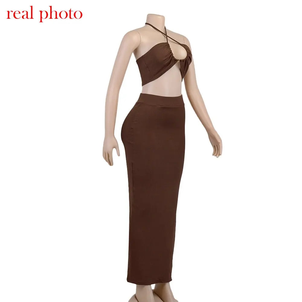Cryptographic Bandage Cut Out Sexy Halter Neck Top and Skirts Set Gathered Elegant - Blade & Thread