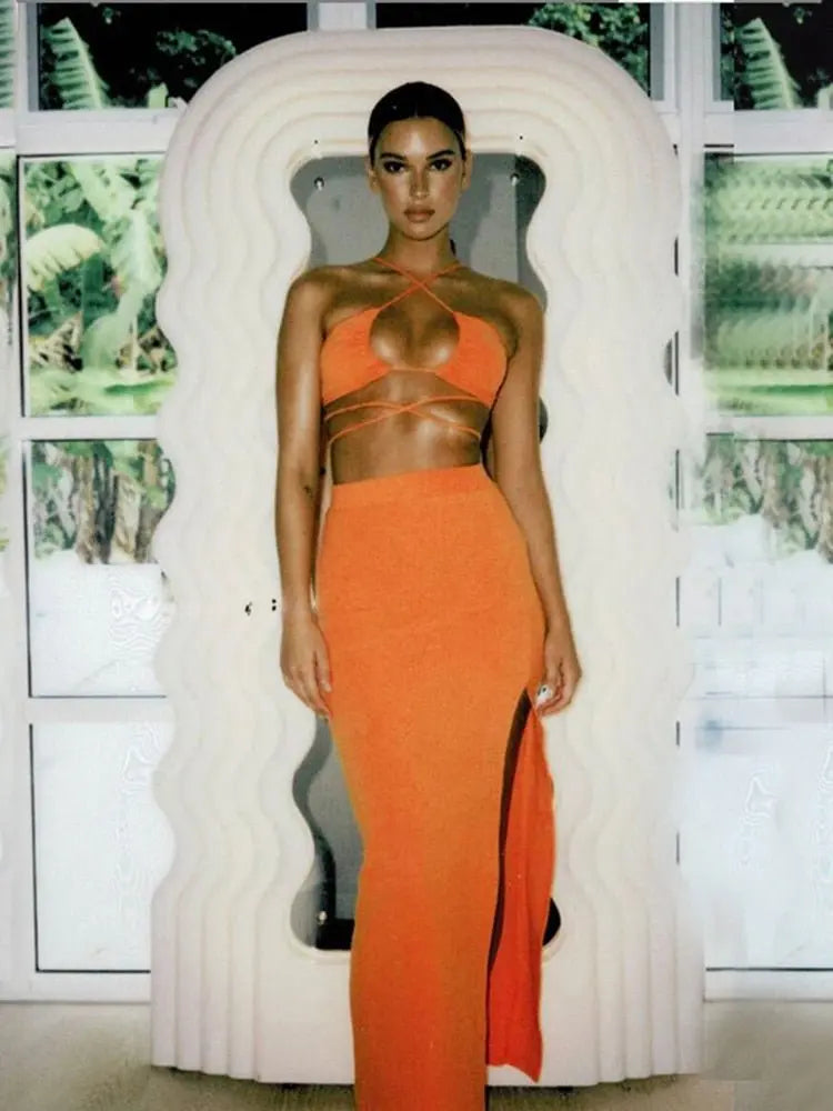 Cryptographic Bandage Cut Out Sexy Halter Neck Top and Skirts Set Gathered Elegant nowadaysfashion
