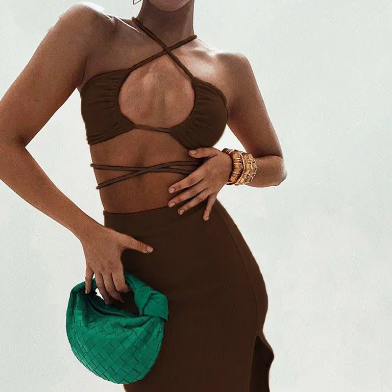 Cryptographic Bandage Cut Out Sexy Halter Neck Top and Skirts Set Gathered Elegant - Blade & Thread