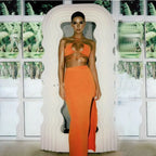 Cryptographic Bandage Cut Out Sexy Halter Neck Top and Skirts Set Gathered Elegant nowadaysfashion