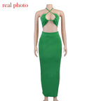 Cryptographic Bandage Cut Out Sexy Halter Neck Top and Skirts Set Gathered Elegant nowadaysfashion