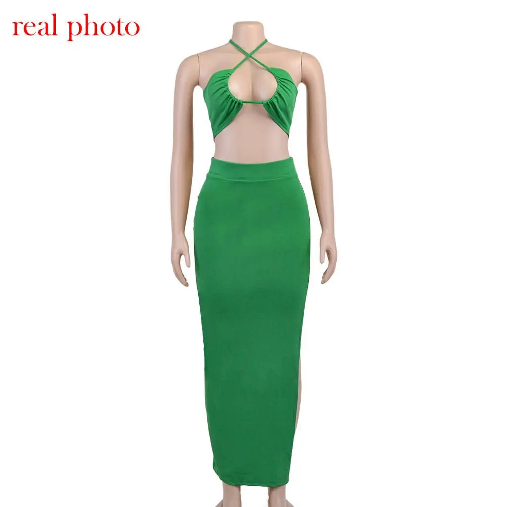 Cryptographic Bandage Cut Out Sexy Halter Neck Top and Skirts Set Gathered Elegant - Blade & Thread