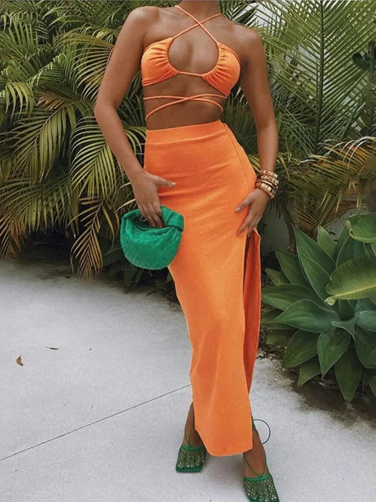 Cryptographic Bandage Cut Out Sexy Halter Neck Top and Skirts Set Gathered Elegant - Blade & Thread