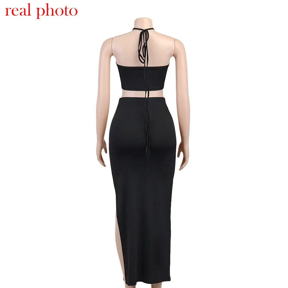 Cryptographic Bandage Cut Out Sexy Halter Neck Top and Skirts Set Gathered Elegant - Blade & Thread