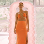 Cryptographic Bandage Cut Out Sexy Halter Neck Top and Skirts Set Gathered Elegant nowadaysfashion