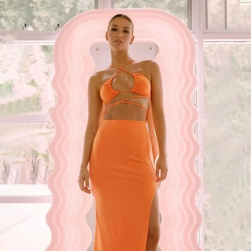 Cryptographic Bandage Cut Out Sexy Halter Neck Top and Skirts Set Gathered Elegant nowadaysfashion