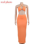 Cryptographic Bandage Cut Out Sexy Halter Neck Top and Skirts Set Gathered Elegant nowadaysfashion