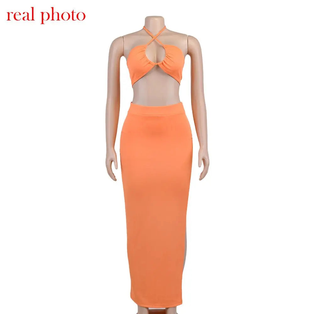 Cryptographic Bandage Cut Out Sexy Halter Neck Top and Skirts Set Gathered Elegant nowadaysfashion