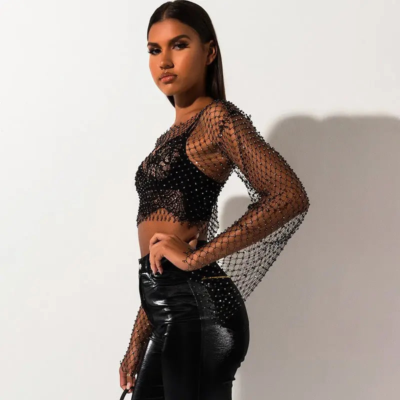 Crystal Diamond See Through Crop Tops Women Hollow Out Beachwear Tops Shiny Sexy Party Top - Blade & Thread