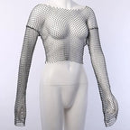 Crystal Diamond See Through Crop Tops Women Hollow Out Beachwear Tops Shiny Sexy Party Top nowadaysfashion