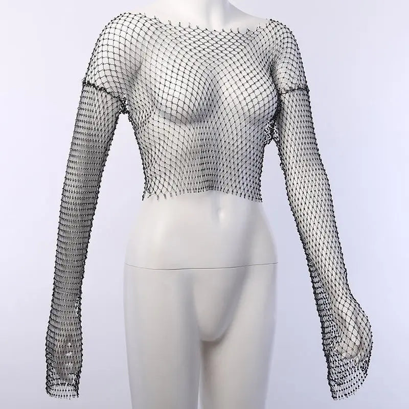 Crystal Diamond See Through Crop Tops Women Hollow Out Beachwear Tops Shiny Sexy Party Top - Blade & Thread