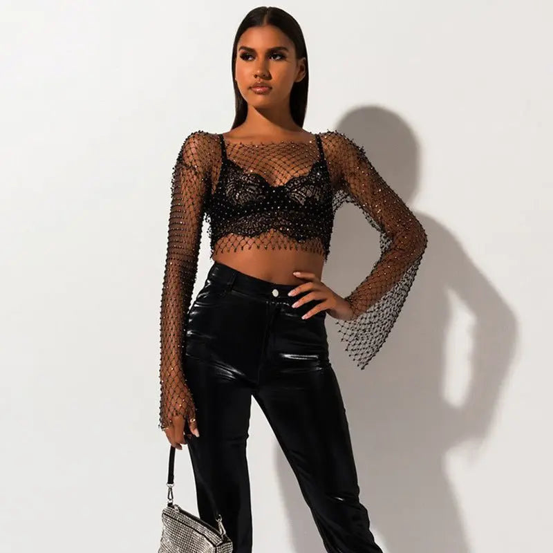 Crystal Diamond See Through Crop Tops Women Hollow Out Beachwear Tops Shiny Sexy Party Top - Blade & Thread