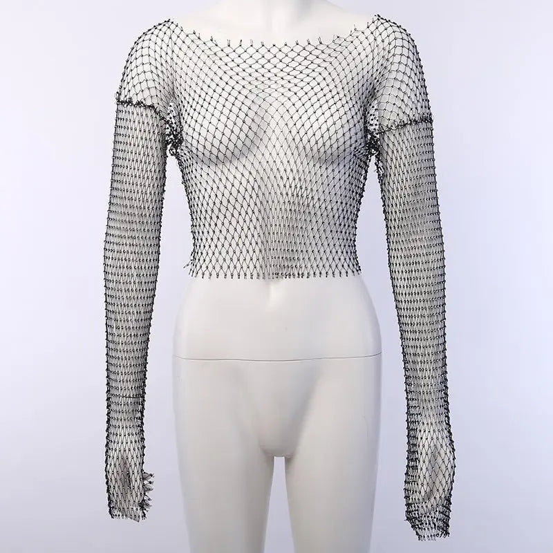 Crystal Diamond See Through Crop Tops Women Hollow Out Beachwear Tops Shiny Sexy Party Top - Blade & Thread