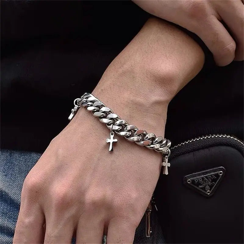 Cuban Titanium Steel Small Cross Bracelet - Blade & Thread