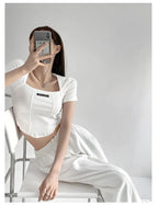 Curved Crop Tops Women Summer Square Collar Short Sleeve T-Shirt Fashion Slim Woman nowadaysfashion