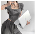 Curved Crop Tops Women Summer Square Collar Short Sleeve T-Shirt Fashion Slim Woman nowadaysfashion