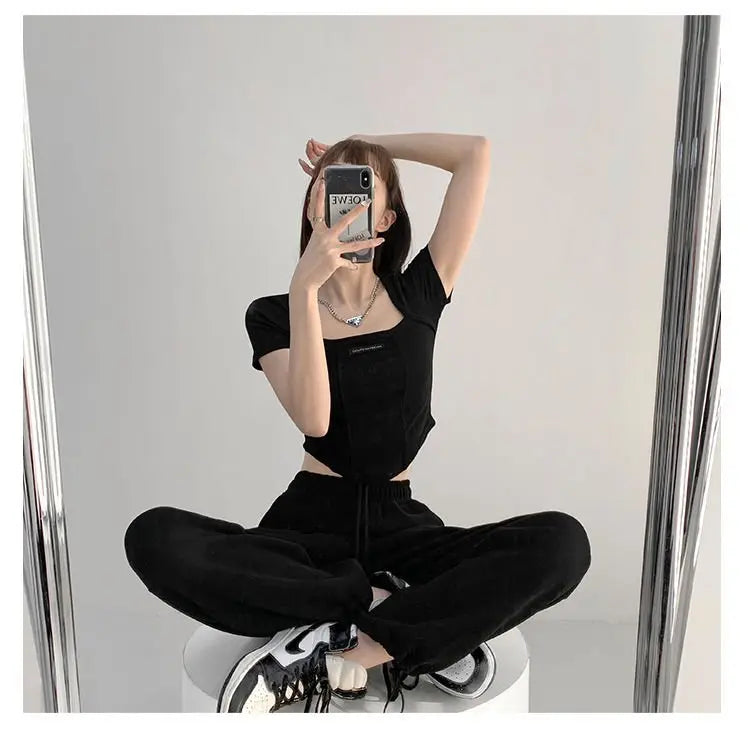 Curved Crop Tops Women Summer Square Collar Short Sleeve T-Shirt Fashion Slim Woman - Blade & Thread