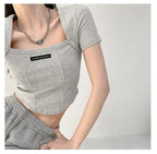 Curved Crop Tops Women Summer Square Collar Short Sleeve T-Shirt Fashion Slim Woman nowadaysfashion