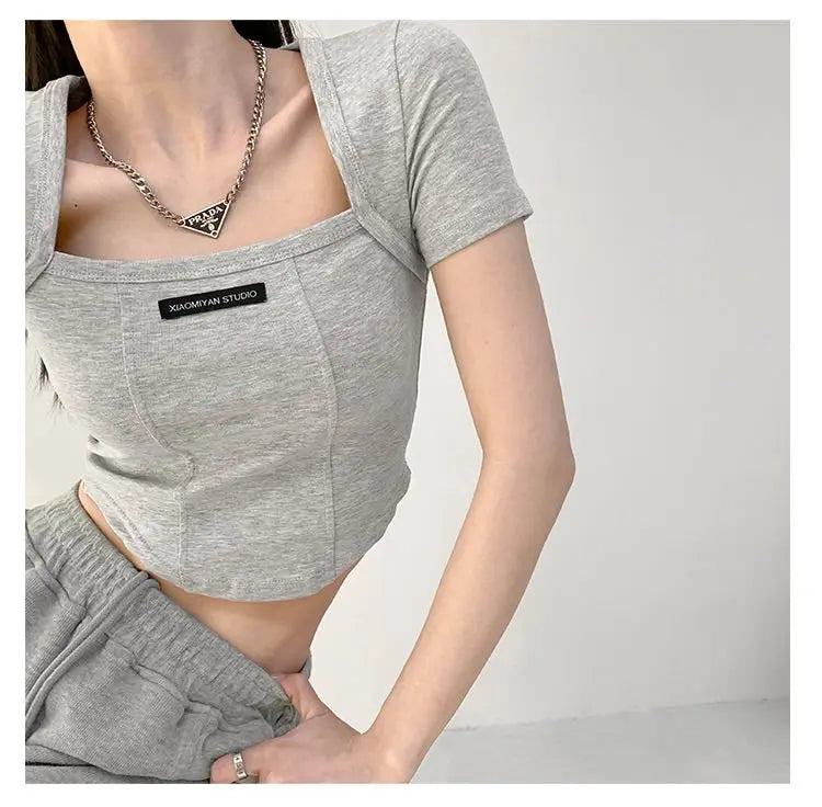 Curved Crop Tops Women Summer Square Collar Short Sleeve T-Shirt Fashion Slim Woman - Blade & Thread